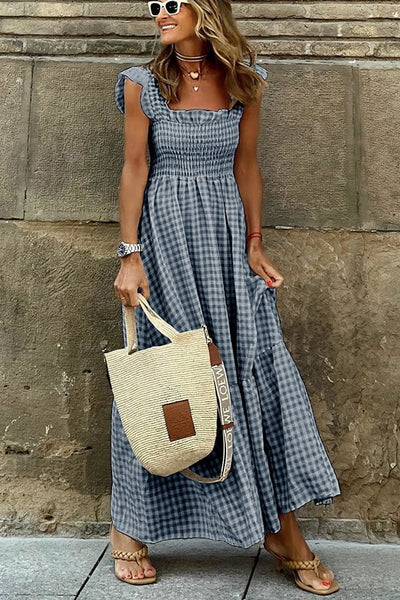 Kariertes, bequemes Maxikleid mit gesmokter Brust