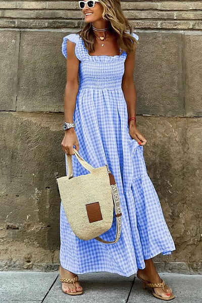 Kariertes, bequemes Maxikleid mit gesmokter Brust