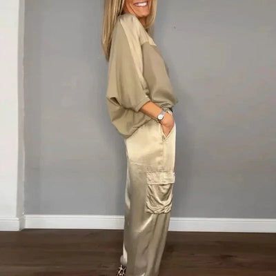 Set mit halbärmeligem Oberteil und Hose aus glattem Satin