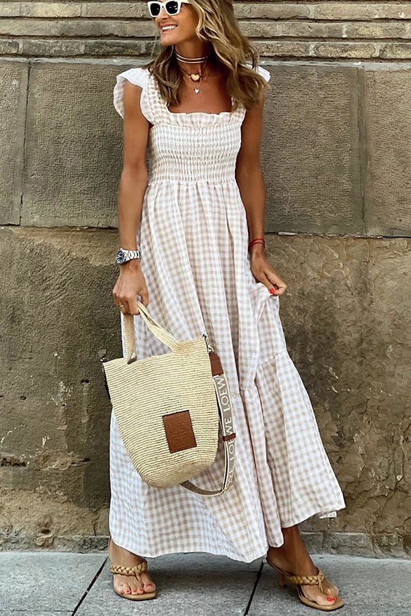 Kariertes, bequemes Maxikleid mit gesmokter Brust